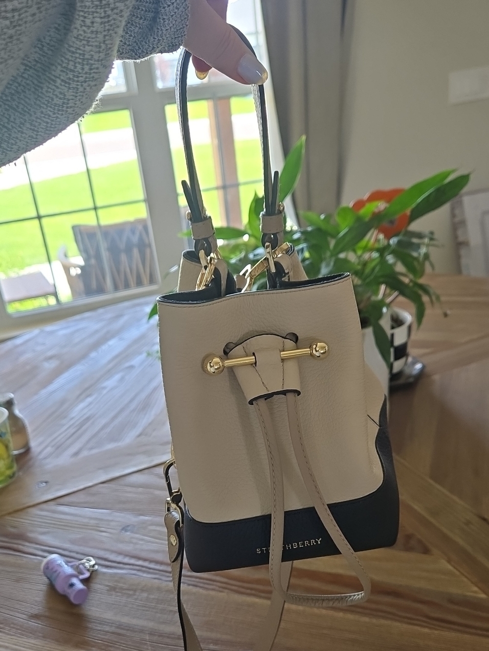Strathberry Beige and Black Mini Bucket Bag